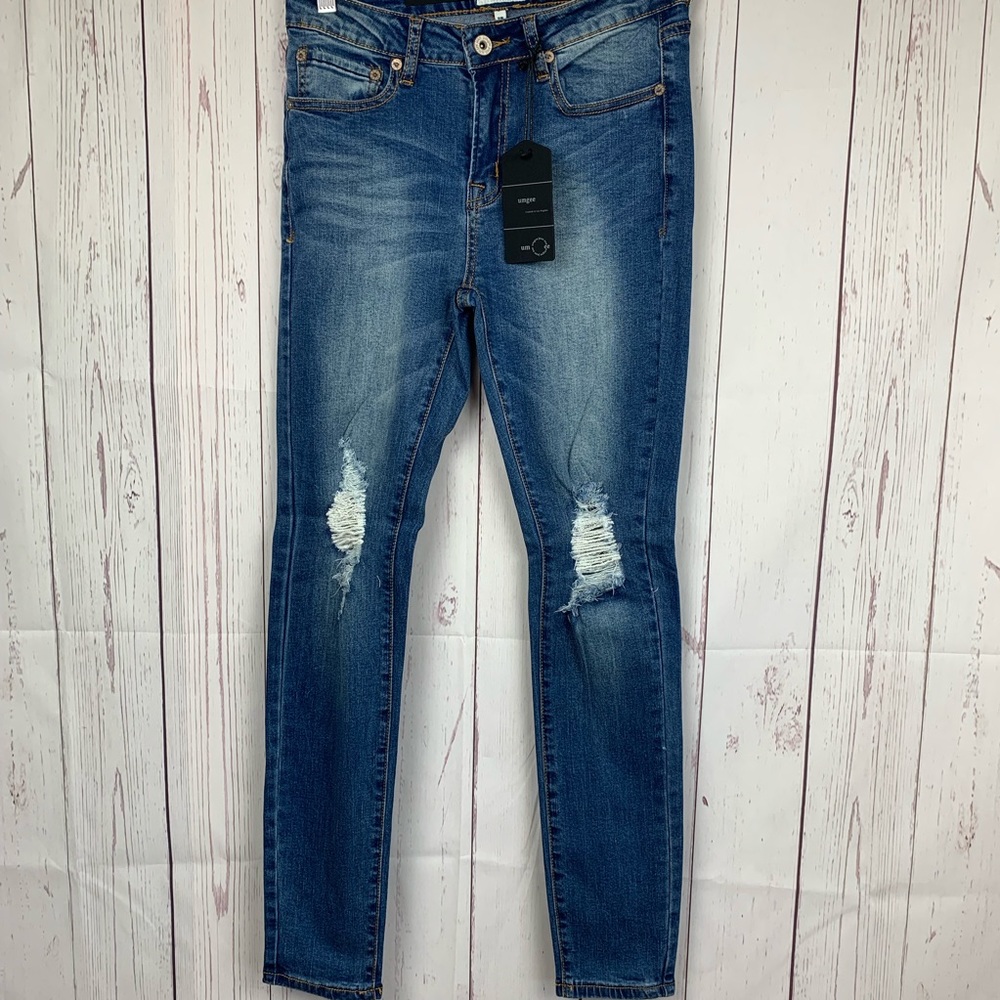 Umgee High Waist Skinny Jeans Distressed Knee - Picture 3 of 7